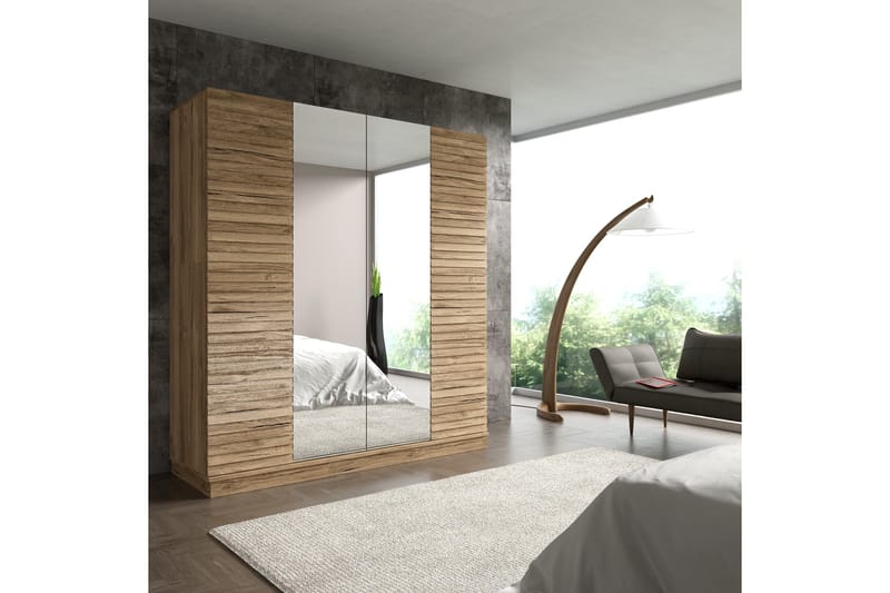 Elspet Garderobe med Speil 180x200 cm - Valnøtt - Oppbevaring - Klesoppbevaring - Garderober & garderobesystem