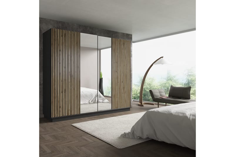Elspet Garderobe med Speil 240x213 cm - Svart/Brun - Oppbevaring - Klesoppbevaring - Garderober & garderobesystem