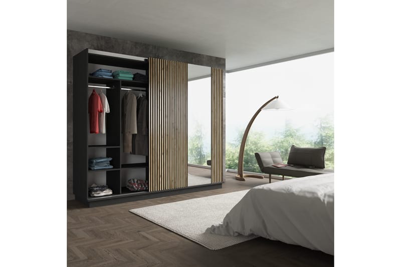 Elspet Garderobe med Speil 240x213 cm - Svart/Brun - Oppbevaring - Klesoppbevaring - Garderober & garderobesystem