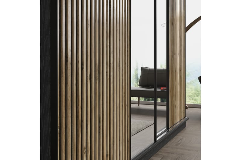 Elspet Garderobe med Speil 240x213 cm - Svart/Brun - Oppbevaring - Klesoppbevaring - Garderober & garderobesystem