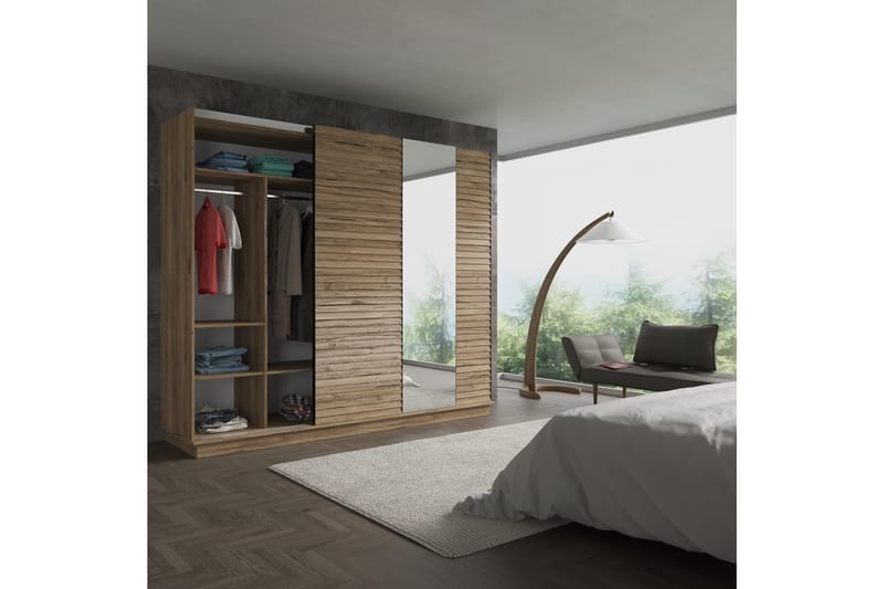 Elspet Garderobe med Speil 240x213 cm - Valnøtt - Oppbevaring - Klesoppbevaring - Garderober & garderobesystem