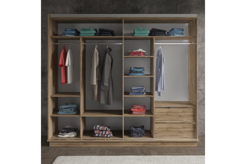 Elspet Garderobe med Speil 240x213 cm - Valnøtt - Oppbevaring - Klesoppbevaring - Garderober & garderobesystem