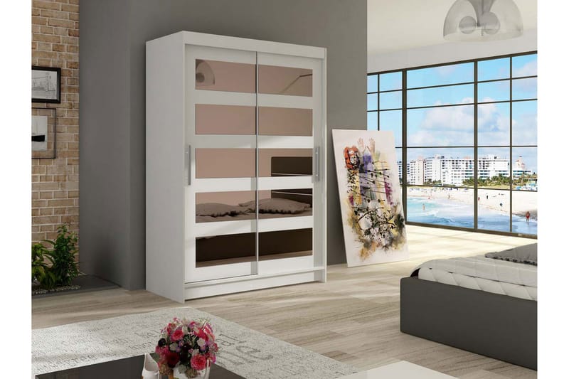 Estella Garderobe 120 cm Skyvedører 5-Delt Speil - Hvit - Oppbevaring - Klesoppbevaring - Garderober & garderobesystem