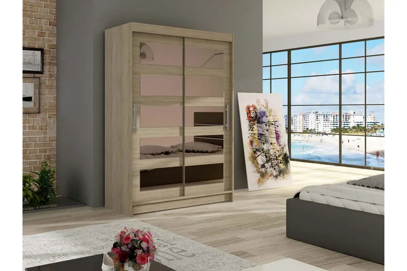 Estella Garderobe 120 cm Skyvedører Delt Speil - Eik - Oppbevaring - Klesoppbevaring - Garderober & garderobesystem