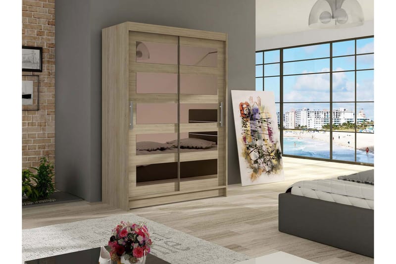 Estella Garderobe 120 cm Skyvedører Delt Speil - Eik - Oppbevaring - Klesoppbevaring - Garderober & garderobesystem