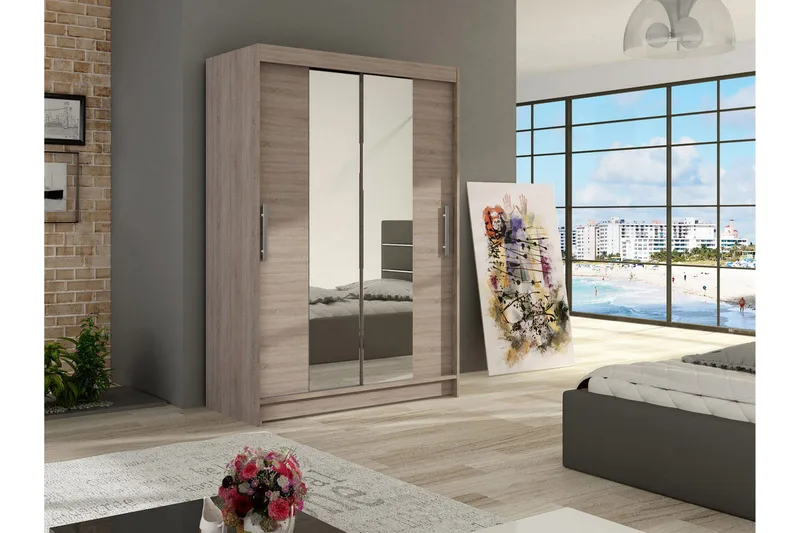 Estella Garderobe 120 cm Skyvedører Smalt Speil - Eik - Oppbevaring - Klesoppbevaring - Garderober & garderobesystem