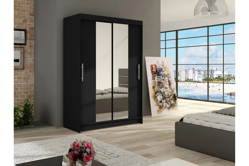 Estella Garderobe 120 cm Skyvedører Smalt Speil - Svart - Oppbevaring - Klesoppbevaring - Garderober & garderobesystem