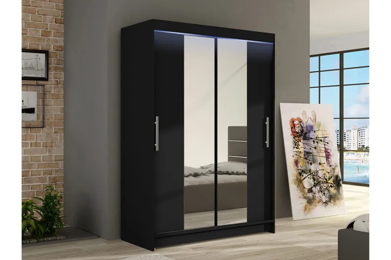 Estella Garderobe med Speil 120x200 cm - Svart - Oppbevaring - Klesoppbevaring - Garderober & garderobesystem