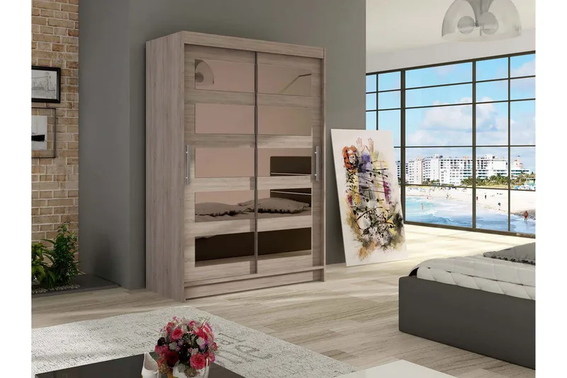 Estella Garderobe Skyvedører 5-Delt Speil - Eik - Oppbevaring - Klesoppbevaring - Garderober & garderobesystem