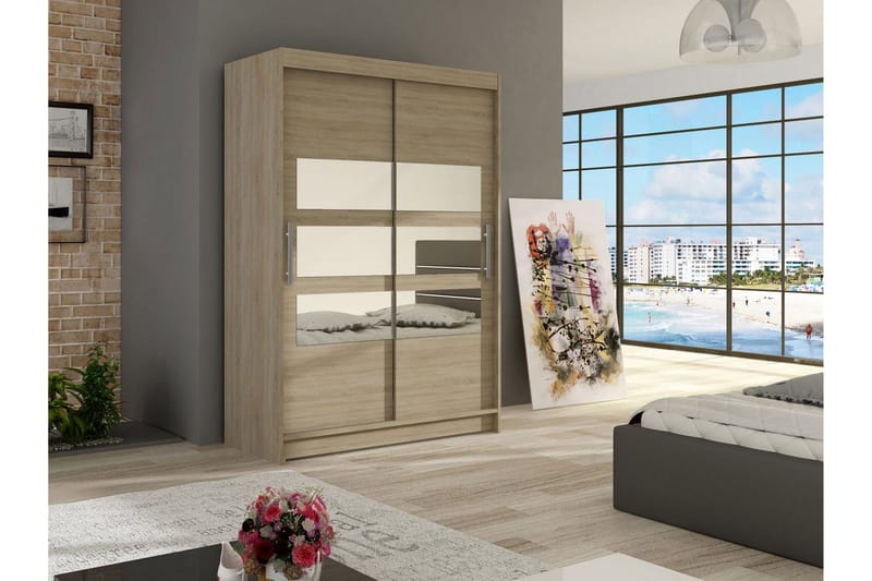 Estella Garderobe Skyvedører Delt Speil - Eik - Oppbevaring - Klesoppbevaring - Garderober & garderobesystem