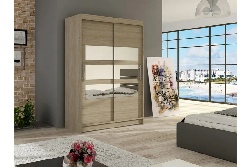 Estella Garderobe Skyvedører Delt Speil - Eik - Oppbevaring - Klesoppbevaring - Garderober & garderobesystem