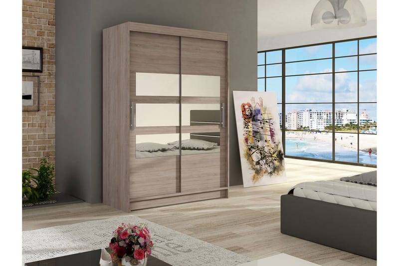 Estella Garderobe Skyvedører Delt Speil - Lys Eik - Oppbevaring - Klesoppbevaring - Garderober & garderobesystem