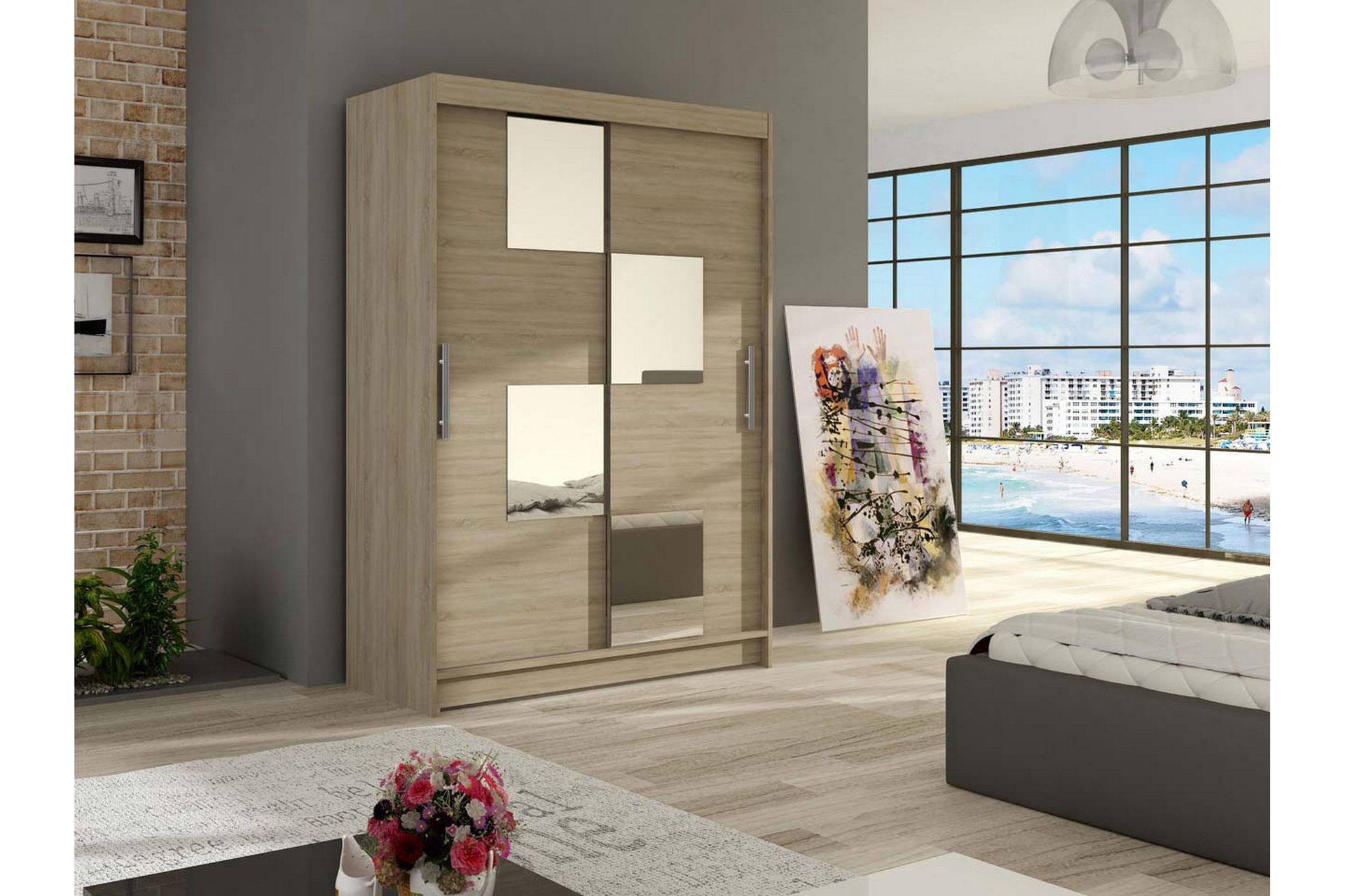 Estella Garderobe Skyvedører Firekantet Speil - Eik - Oppbevaring - Klesoppbevaring - Garderober & garderobesystem