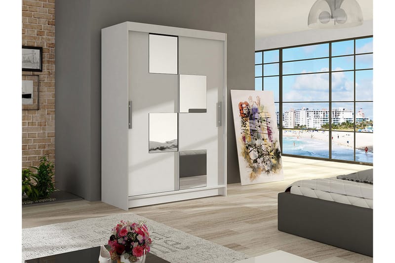 Estella Garderobe Skyvedører Firekantet Speil - Hvit - Oppbevaring - Klesoppbevaring - Garderober & garderobesystem