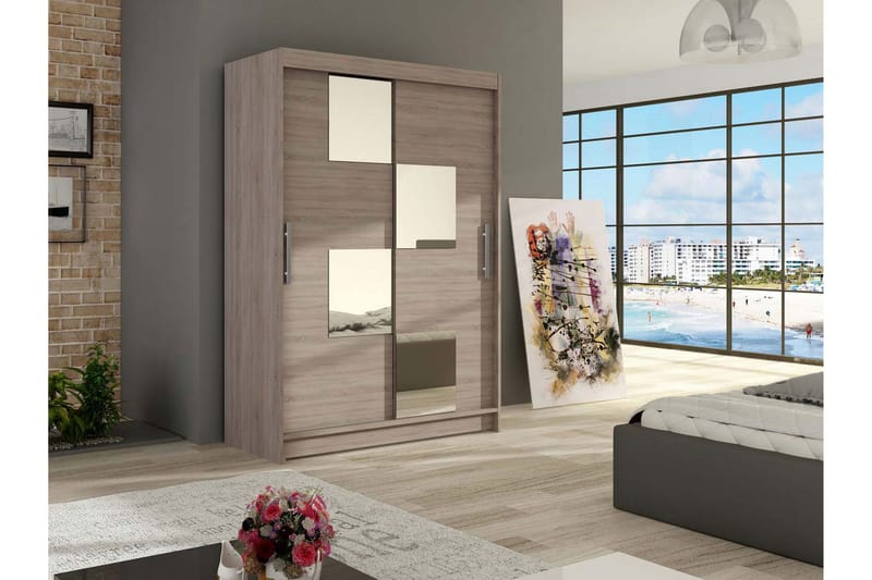 Estella Garderobe Skyvedører Firekantet Speil - Lys Eik - Oppbevaring - Klesoppbevaring - Garderober & garderobesystem