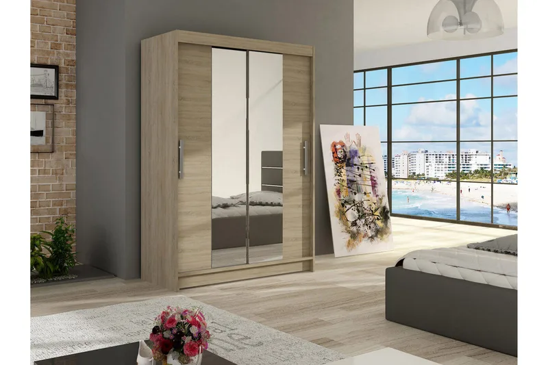 Estella Garderobe Skyvedører Smaltt Speil - Eik - Oppbevaring - Klesoppbevaring - Garderober & garderobesystem