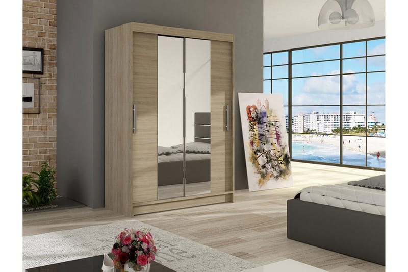 Estella Garderobe Skyvedører Smaltt Speil - Eik - Oppbevaring - Klesoppbevaring - Garderober & garderobesystem