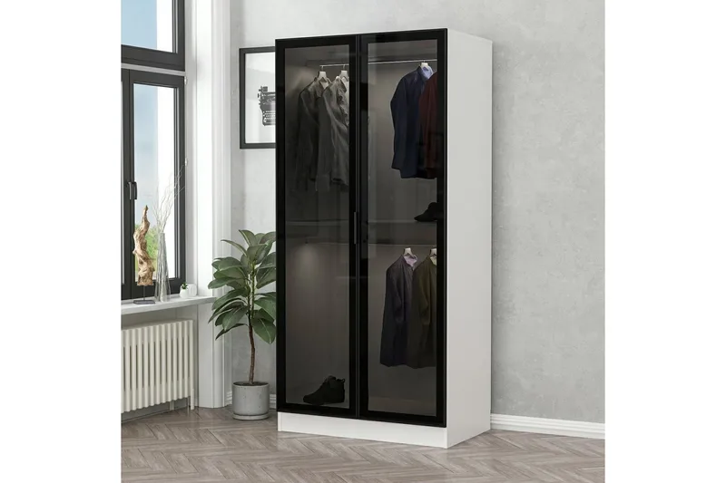 Fruitland Garderobeskap 90 cm i Tre med Glassdør, Hvit|Svart