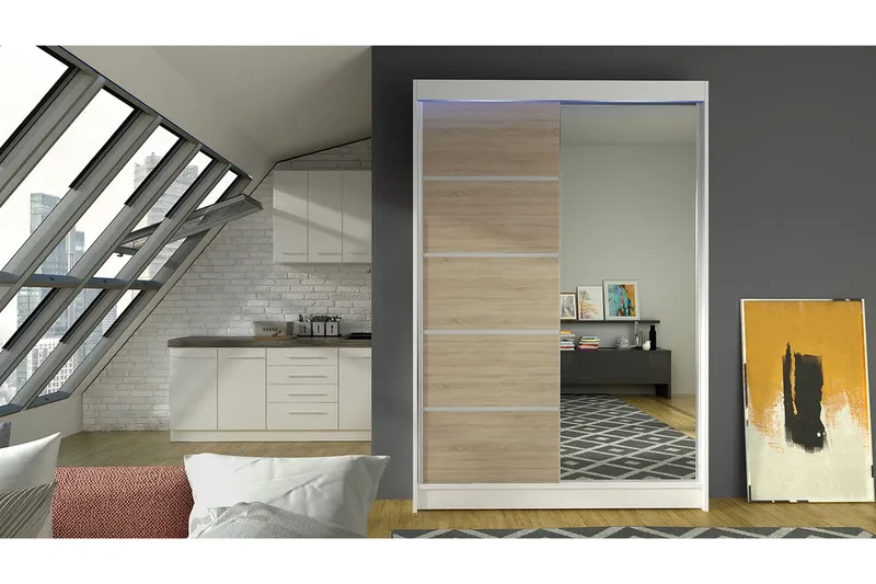 Garderobe + LED - Hvit / Eik - Oppbevaring - Klesoppbevaring - Garderober & garderobesystem - Garderobeskap & klesskap