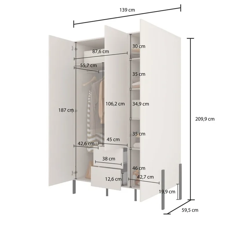 Garderobe Jukon S 3 dører med 2 skuffer - Oppbevaring - Klesoppbevaring - Garderober & garderobesystem