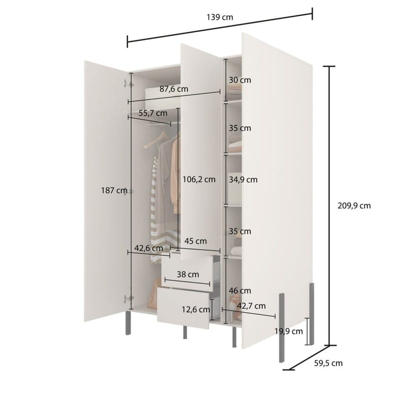 Garderobe Jukon S 3 dører med 2 skuffer - Oppbevaring - Klesoppbevaring - Garderober & garderobesystem