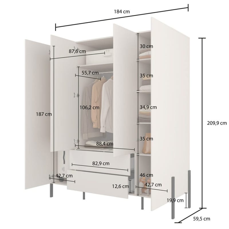 Garderobe Jukon S 4 dører med 2 skuffer - Oppbevaring - Klesoppbevaring - Garderober & garderobesystem