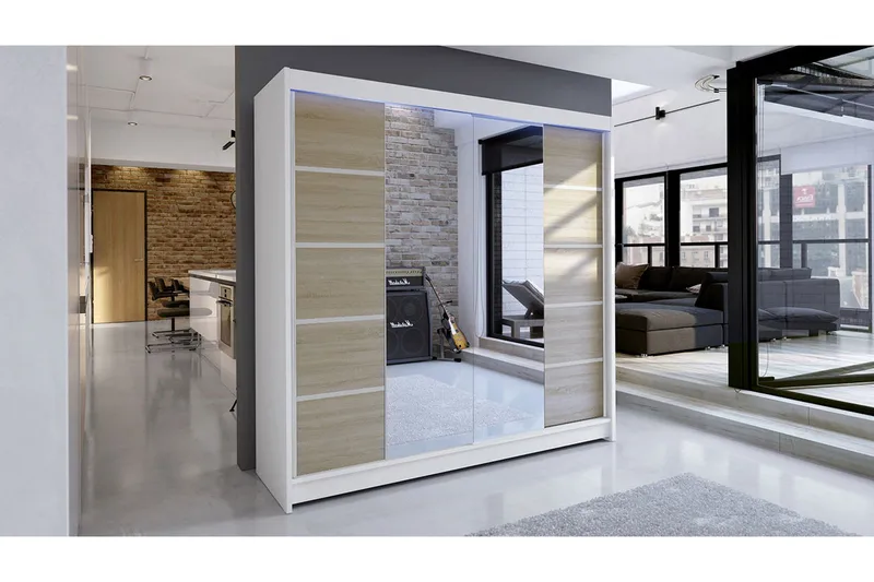 Garderobe + LED - Hvit | Eik - Oppbevaring - Klesoppbevaring - Garderober & garderobesystem - Garderobeskap & klesskap