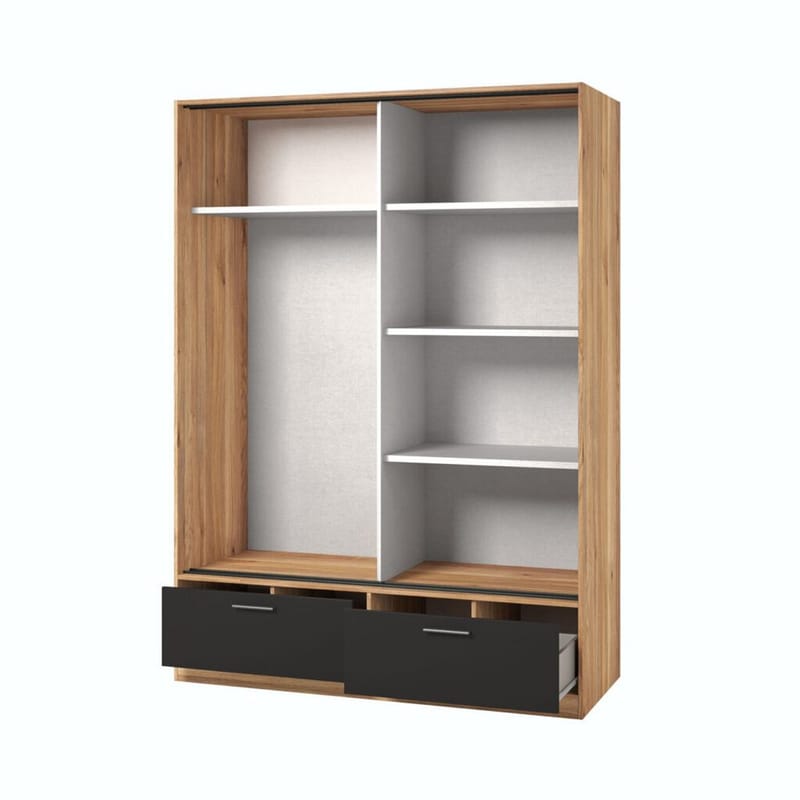 Garderobe med speil Beta 2 Skyvedør med 2 Skuffer - Mauvella eik - svart - Oppbevaring - Klesoppbevaring - Garderober & garderobesystem