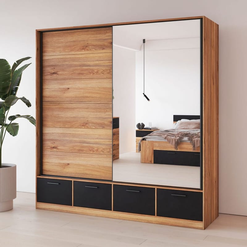 Garderobe med speil Beta 2 Skyvedør med 4 Skuffer - Oppbevaring - Klesoppbevaring - Garderober & garderobesystem