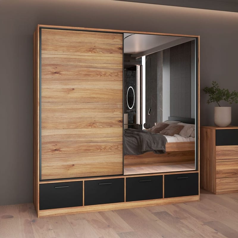 Garderobe med speil Beta 2 Skyvedør med 4 Skuffer - Oppbevaring - Klesoppbevaring - Garderober & garderobesystem