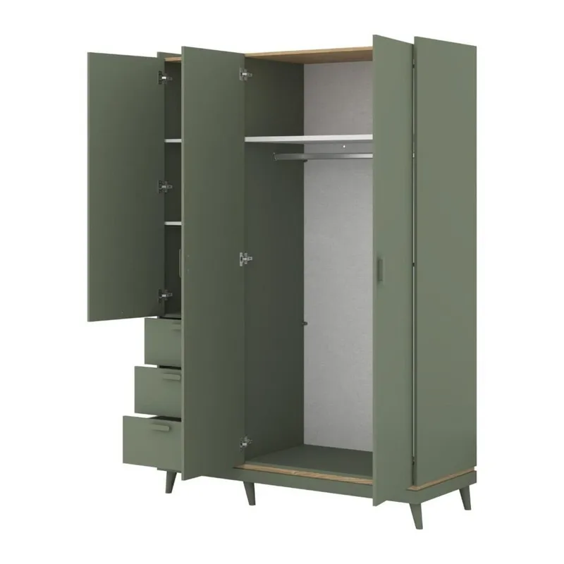 Garderobe Scandi 3 dører med 3 skuffer - Dempet grønn - Oljet eik - Oppbevaring - Klesoppbevaring - Garderober & garderobesystem