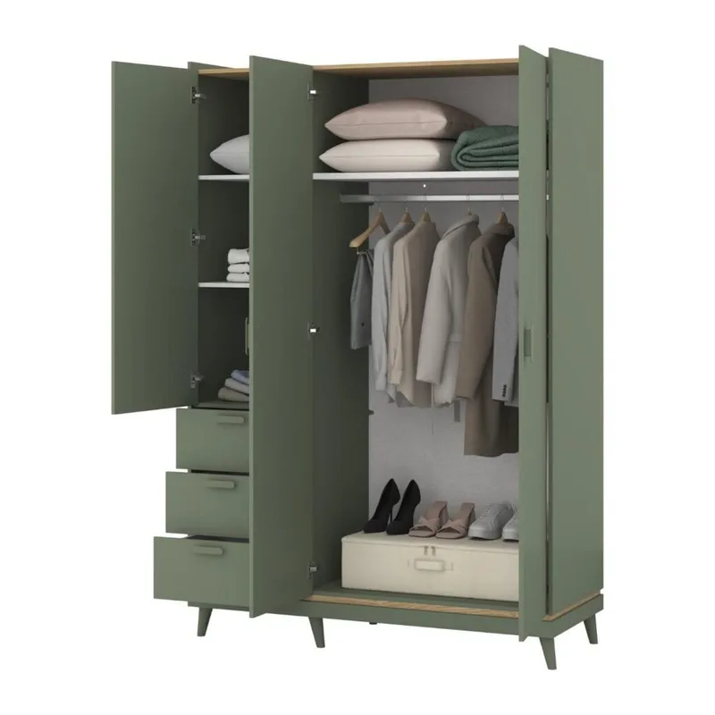 Garderobe Scandi 3 dører med 3 skuffer - Falmet grønn - Oljet eik - Oppbevaring - Klesoppbevaring - Garderober & garderobesystem