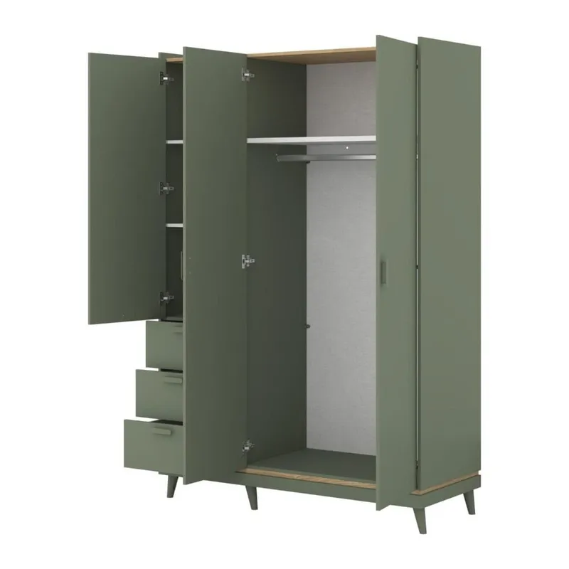 Garderobe Scandi 3 dører med 3 skuffer - Falmet grønn - Oljet eik - Oppbevaring - Klesoppbevaring - Garderober & garderobesystem