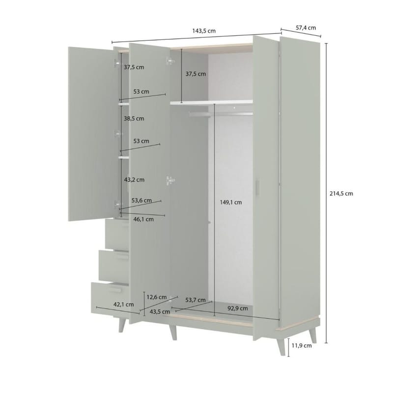 Garderobe Scandi 3 dører med 3 skuffer - Falmet grønn - Oljet eik - Oppbevaring - Klesoppbevaring - Garderober & garderobesystem