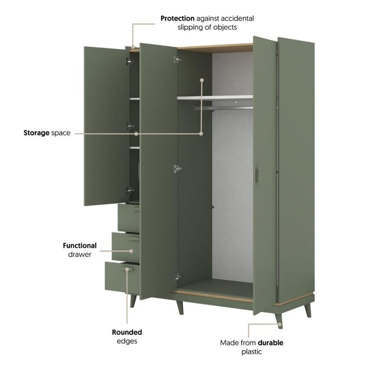 Garderobe Scandi 3 dører med 3 skuffer - Falmet grønn - Oljet eik - Oppbevaring - Klesoppbevaring - Garderober & garderobesystem