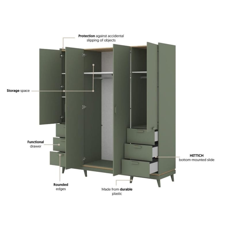 Garderobe Skandi 4 dører med 6 skuffer - Falmet Grønn - Oljet Eik - Oppbevaring - Klesoppbevaring - Garderober & garderobesystem