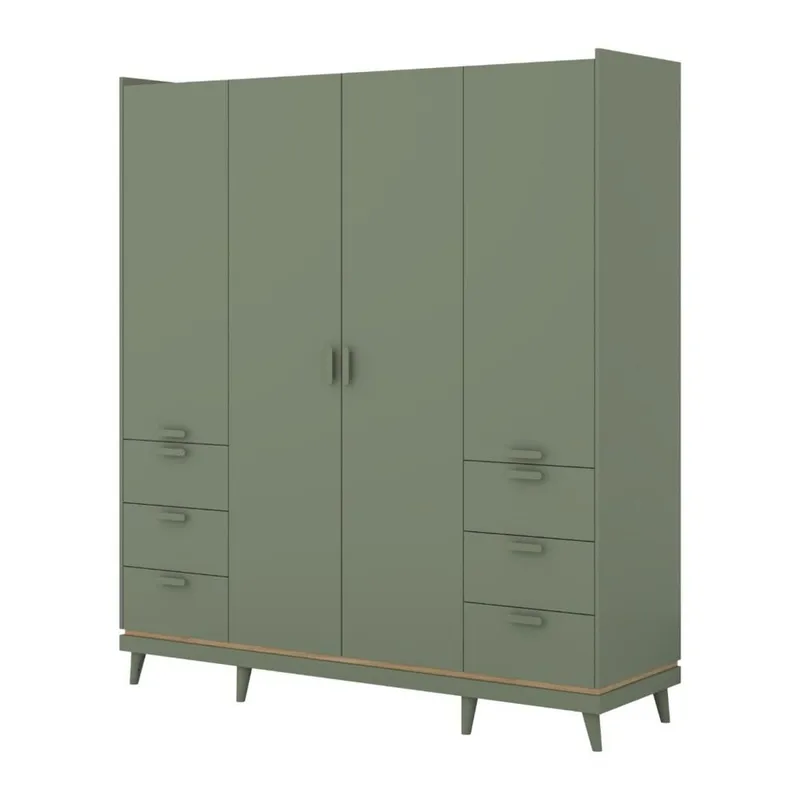 Garderobe Skandi 4 dører med 6 skuffer, Falmet Grønn - Oljet Eik