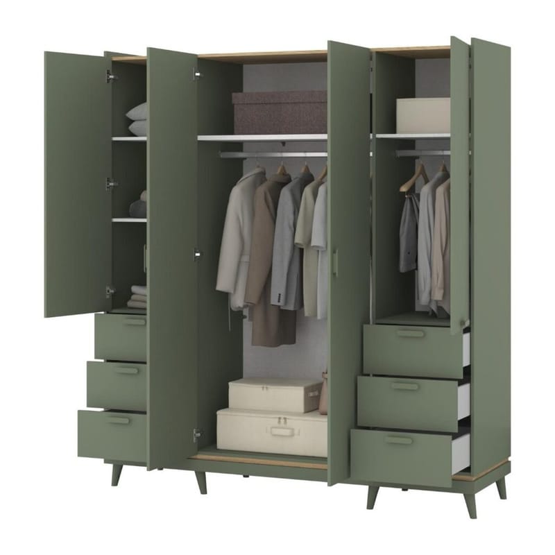 Garderobe Skandi 4 dører med 6 skuffer - Falmet Grønn - Oljet Eik - Oppbevaring - Klesoppbevaring - Garderober & garderobesystem