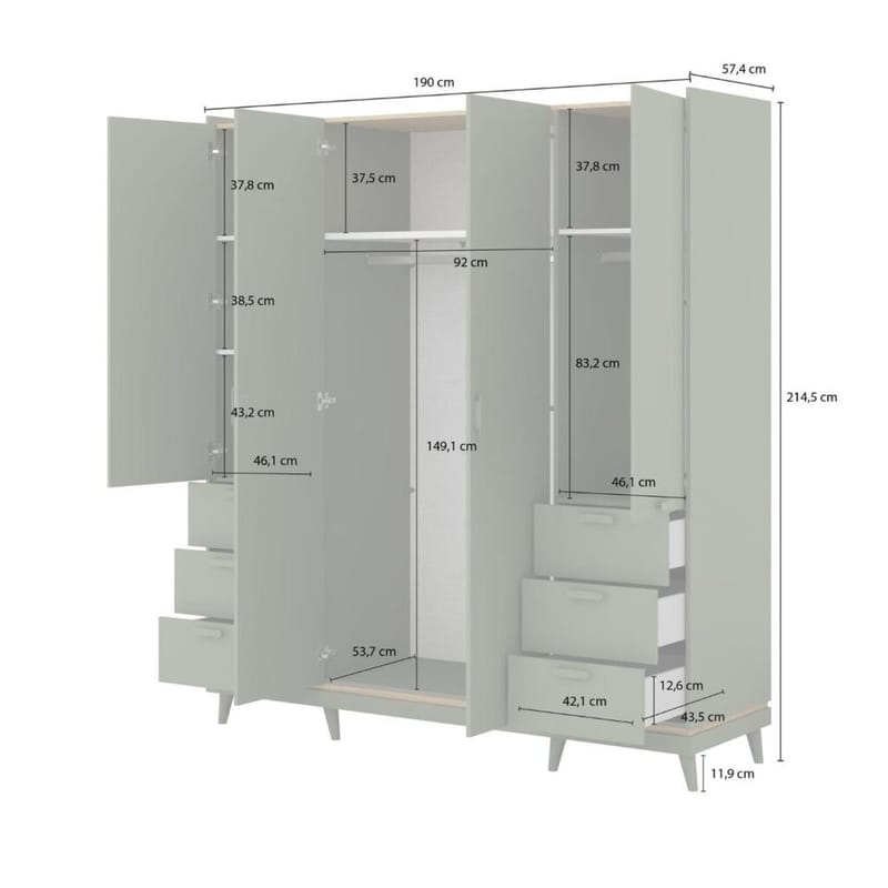 Garderobe Skandi 4 dører med 6 skuffer - Falmet Grønn - Oljet Eik - Oppbevaring - Klesoppbevaring - Garderober & garderobesystem