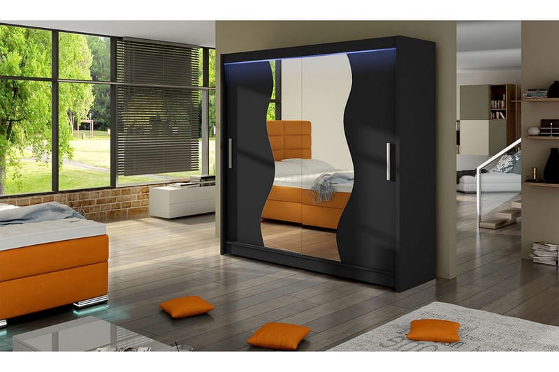Douglas Garderobe 180x57x215 cm - Svart|Speil|Led-Belysning - Oppbevaring - Klesoppbevaring - Garderober & garderobesystem - Garderobeskap & klesskap