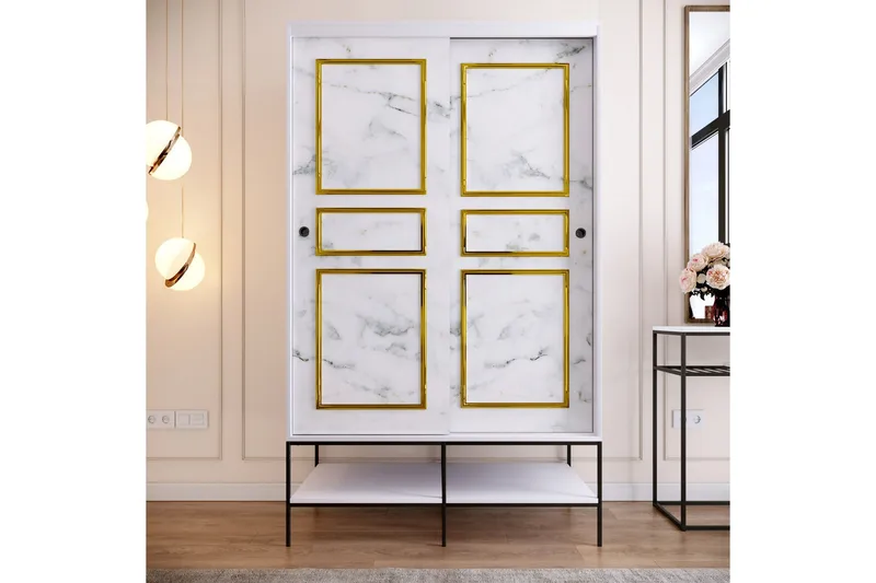 Elesham garderobeskap 57x120, Hvit / Svart / Gull