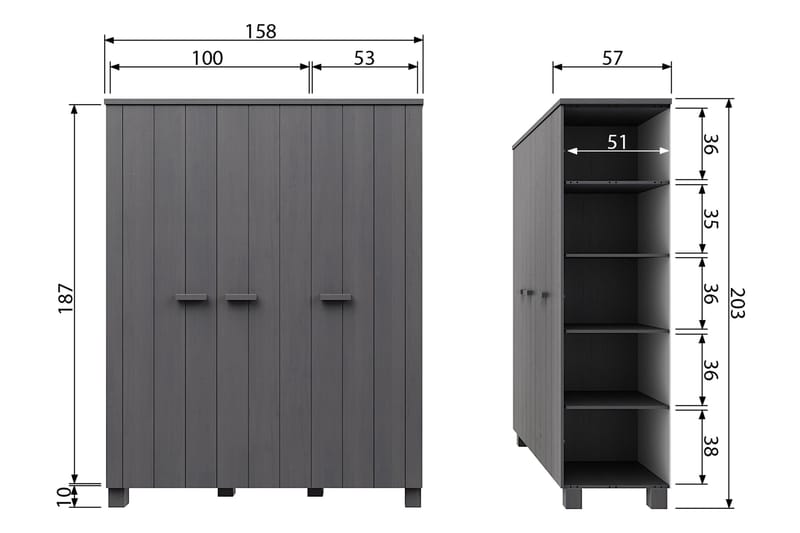 Tenney Garderobe 158 cm - Stålgrå Furu - Oppbevaring - Klesoppbevaring - Garderober & garderobesystem - Garderobeskap & klesskap