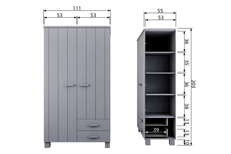 Tenney Garderobe med 2 Skuffer 111 cm - Grå Furu - Oppbevaring - Klesoppbevaring - Garderober & garderobesystem - Garderobeskap & klesskap