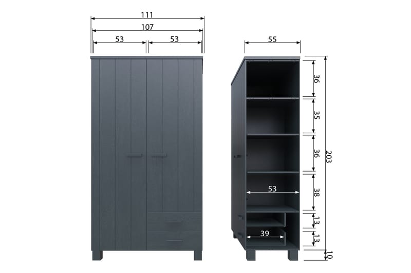 Tenney Garderobe med 2 Skuffer 111 cm - Stålgrå Furu - Oppbevaring - Klesoppbevaring - Garderober & garderobesystem - Garderobeskap & klesskap