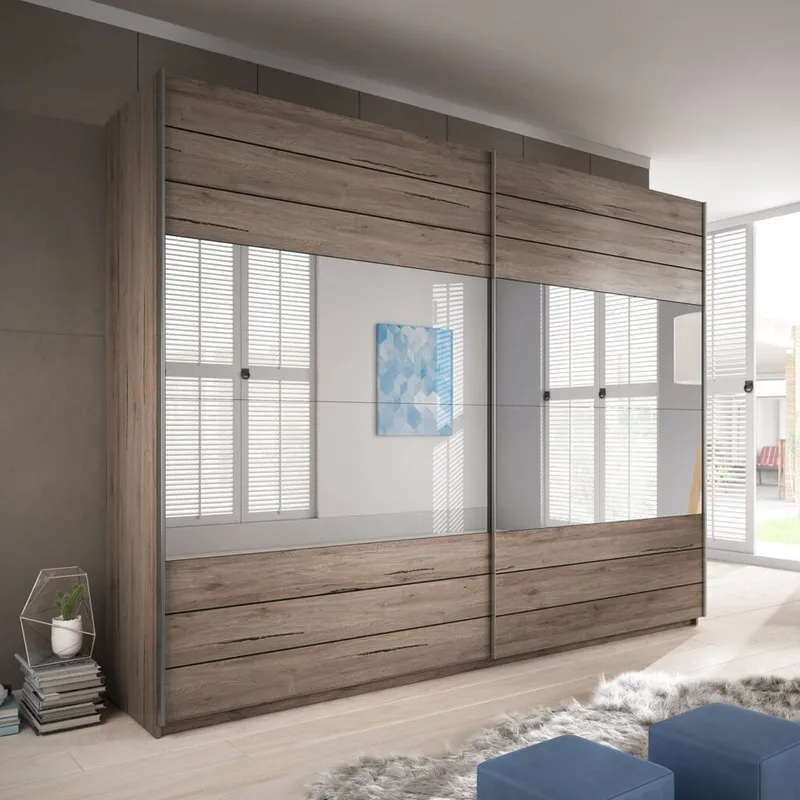 Garderobeskap med speil Galaxy 2 skyvedører med svart glass - Mørk San Remo eik, 270 cm - Oppbevaring - Klesoppbevaring - Garderober & garderobesystem