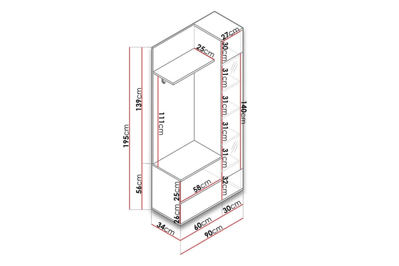 Green Garderobe 90x34x195 cm - Oppbevaring - Klesoppbevaring - Garderober & garderobesystem