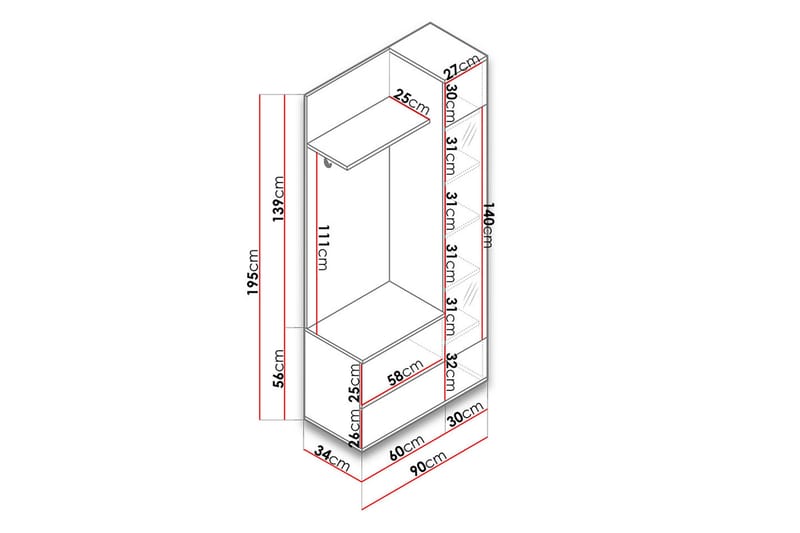 Green Garderobe 90x34x195 cm - Garderober & garderobesystem - Garderobeskap & klesskap