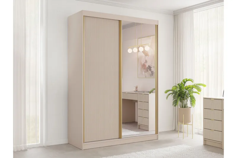 Gudelia Garderob med Speil 151x216 cm - Beige - Oppbevaring - Klesoppbevaring - Garderober & garderobesystem
