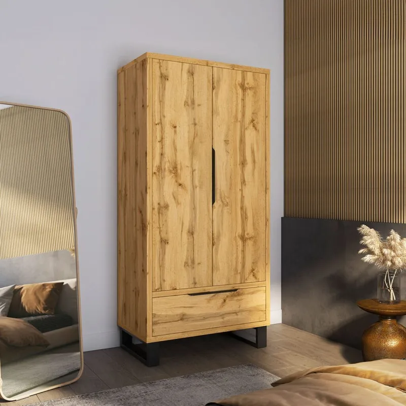 Halle Garderobe 99 cm med 2 Dører og 1 Skuff i Eik - Beige - Oppbevaring - Klesoppbevaring - Garderober & garderobesystem