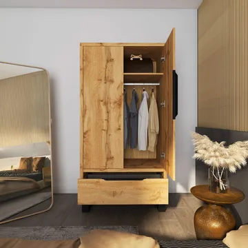 Halle Garderobe 99 cm med 2 Dører og 1 Skuff i Eik - Beige - Oppbevaring - Klesoppbevaring - Garderober & garderobesystem